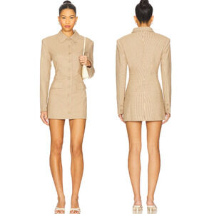 NWT Lioness Cheri Long Sleeve Padded Shoulder Blazer Dress Tan Plaid Women's XS